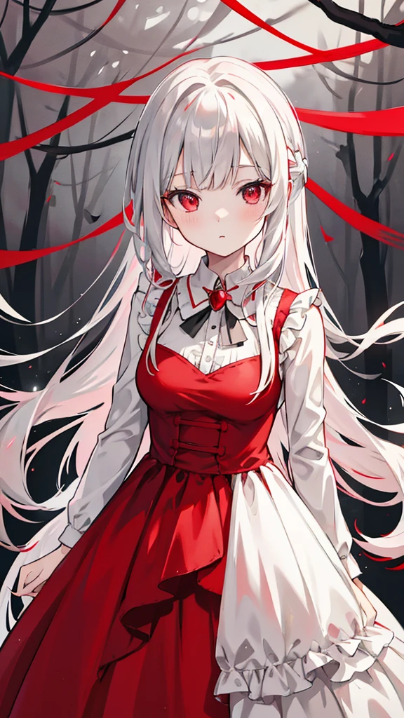 anime girl in red and white dress, Grayscale photo of a woman in a red dress, , My Dress Up Darling Anime, Magical Forest Maid, change,  In a dress,, Cute anime waifu in a nice dress、Red eyes、Gray Hair, 、One girl、masterpiece、highest quality、8K