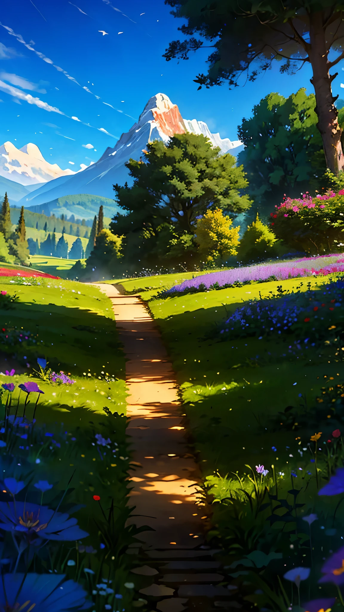 masterpiece,best quality,ultra detailed, serene fantasy world, no humans, vast, vibrant meadow, under a clear blue sky, colorful flowers,  gentle light, panoramic view, majestic mountains loom, clouds drifting lazily by, winding path cuts through the meadow, leading to a mysterious, ancient tree that is in full bloom