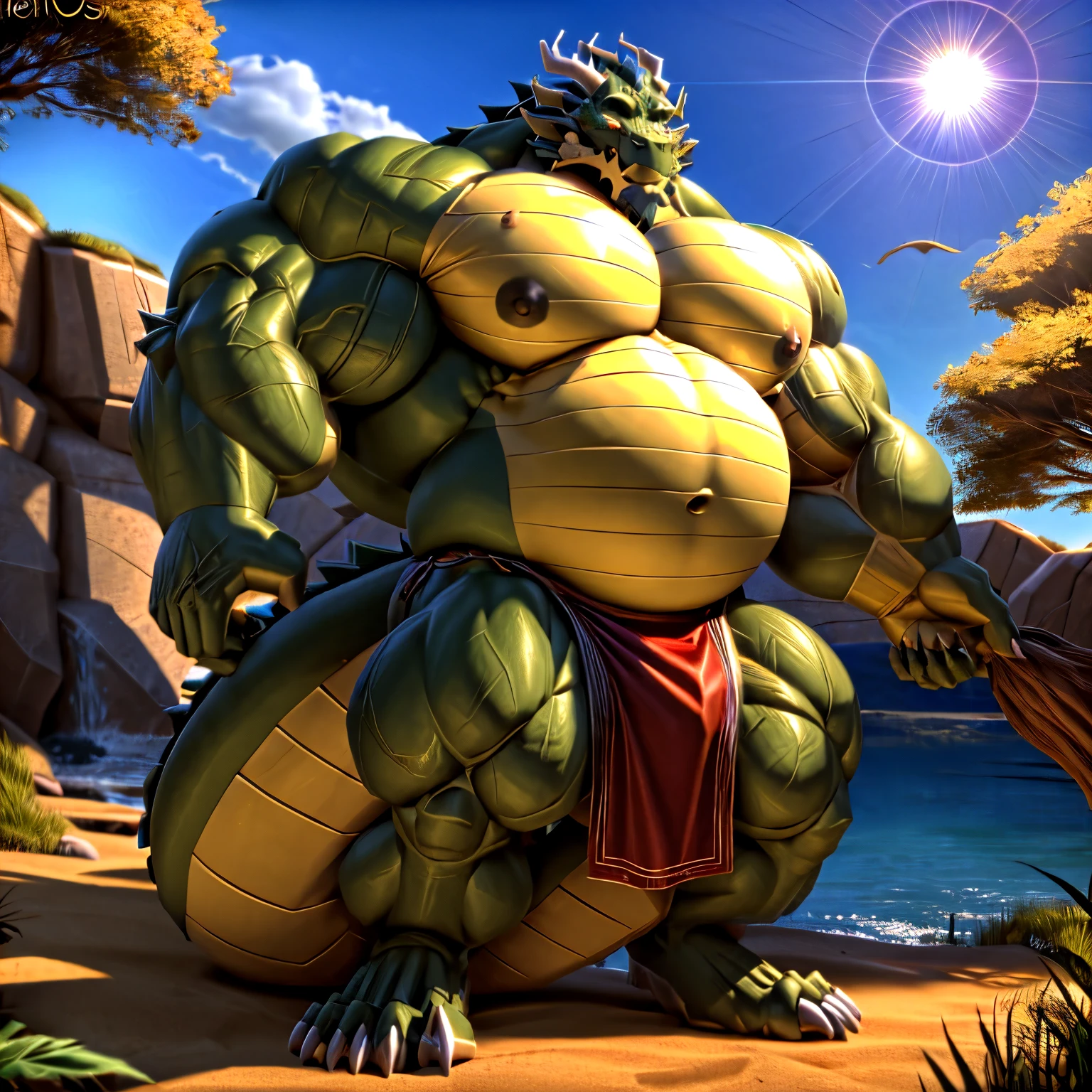 shendu, eastern dragon king, male dragon, eastern dragon,hefty body, with very big muscles, hulking, huge, colossal body, extremely strong, big abdominal muscles, hefty musclegut, pecs, Strong and robust musclegut , prominent muscle abs, sharp claws, legs, feet, full body, loincloth, nipples, sunlight, daylight, outdoor, bright , at noon, good weather, 4k, best quality,