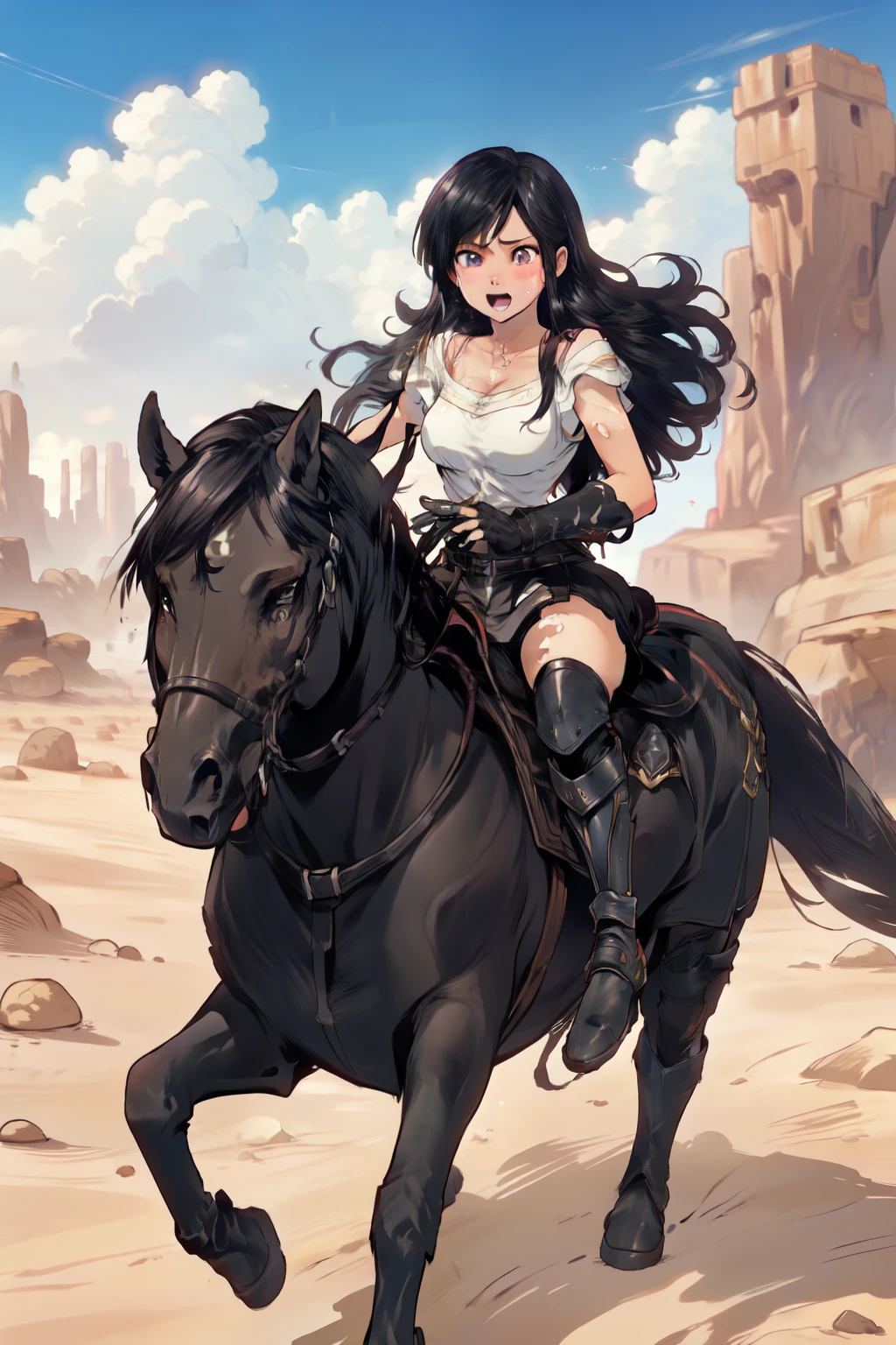 ((best quality)), ((anime masterpiece)), (high detailed), 8k, perfect face, female knight riding a GREY HORSE, (long hair, {black hair}, black armor, black miniskirt, leather boots), exhausted, sweating face, open little mouth, solo, holding both hand to rein, in the middle of desert, view from side, anatomically correct