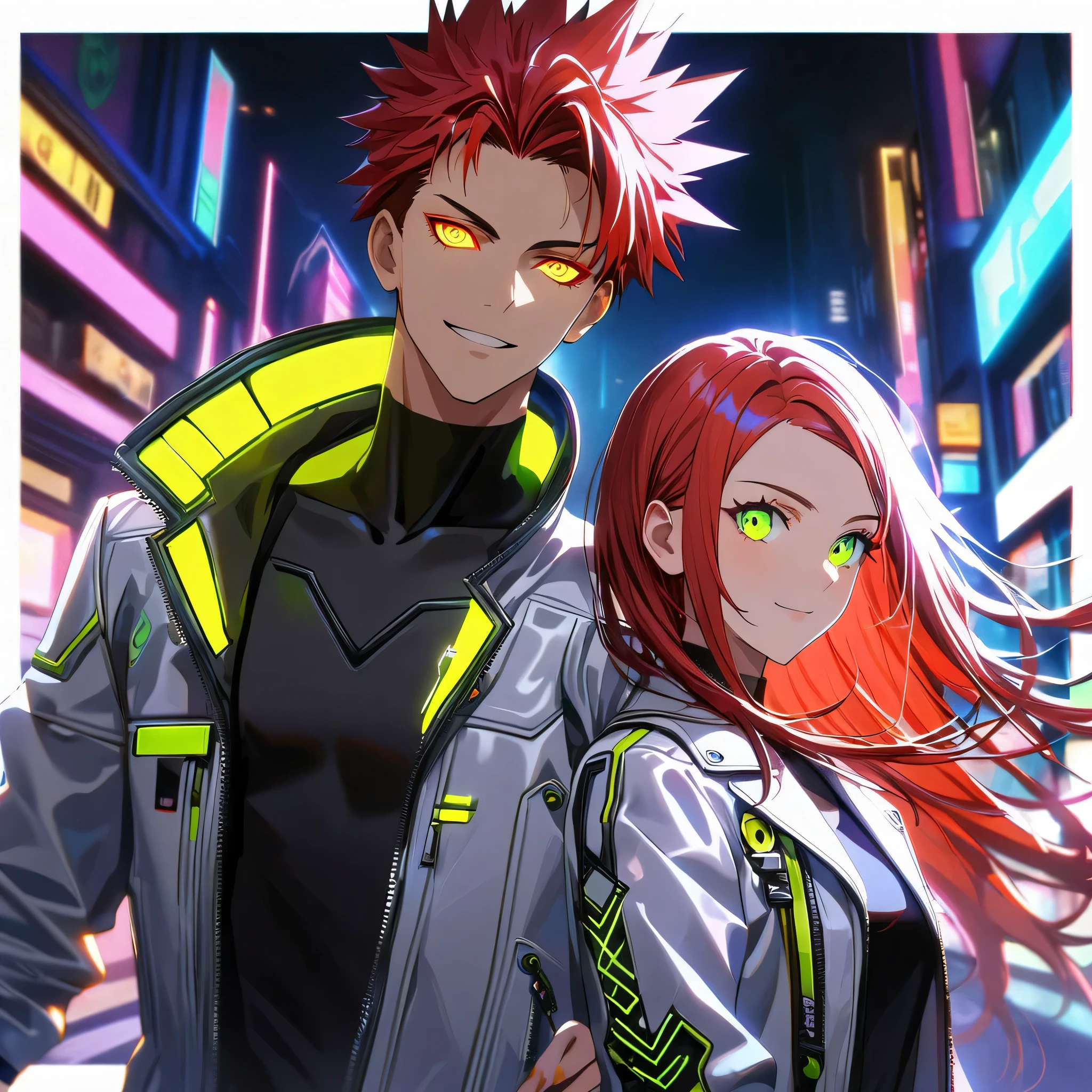 two persons, A man and a girl , man with short red hair spiky upwards with some long strands falling on the forehead and yellow neon eyes holding a perfect neon katana wearing a leather white jacket and black t shirt, stand and confident pose, confidente smile, cyberpunk, night, fingerless gloves , red hair, neon eyes, ultra detailed face, and his horgeous sister with  perfect white long hair and green neon eyes, 