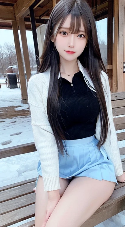 bright expression、photorealisim、top-quality、超A high resolution、a picture、Photos of the most beautiful Nordic girls、Detailed cute and beautiful face、a small face、(pureerosface_v1:0.008)、Beautiful bangs、alice in the wonderland、、(thighs thighs thighs thighs:1.2)、full body Esbian、Glowing white shiny skin、a small face、Bangs that extend to the face、bangss、Hair between the eyes、Silky hair of attractive black coloner hair、 Clear light blue eyes look attractive、(winter school uniform:1.2)、(pleatedskirt:1.2)、eye liner、a park、Sitting on a bench、Double eyelids、ample breasts、Dynamic Pose