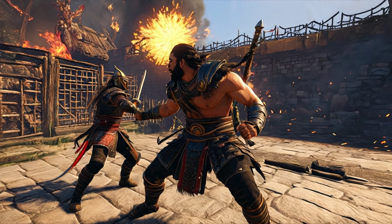 (8k, RAW photo, best quality, mastery:1.3),(realistic,photo-realistic:1.37), A moster realising fire and a warrior fight to him, and viewer is behind him and looking seen, game like high graphics, the warriors has a legendary sword