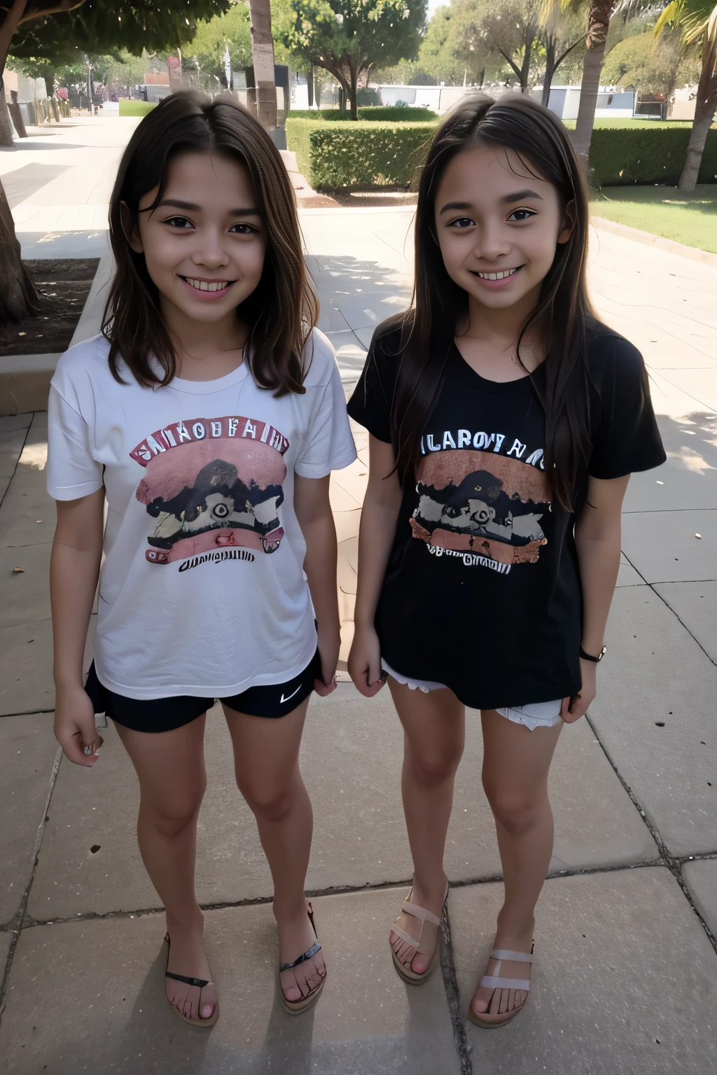 Imagem fotorrealista de duas lindas garotas lindas, 10 anos , cabelo loiro muito longo e ondulado, vestindo camisetas brancas curtas, saias rosa, meias altas, em um parque. corpos juvenis magros e tonificados. smiling happily with teeth visible. Full body view. lindos olhos detalhados, rostos e dedos.