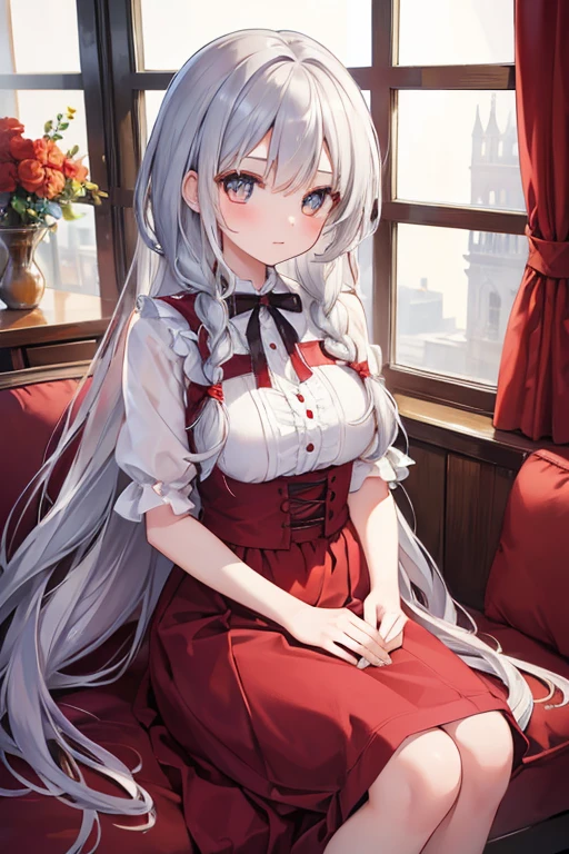 masterpiece, highest quality, High resolution, 14-year-old girl、Golden Eyes、
Silver Hair,  Braiding、Crimson Dress, Western-style building、Sit by the window