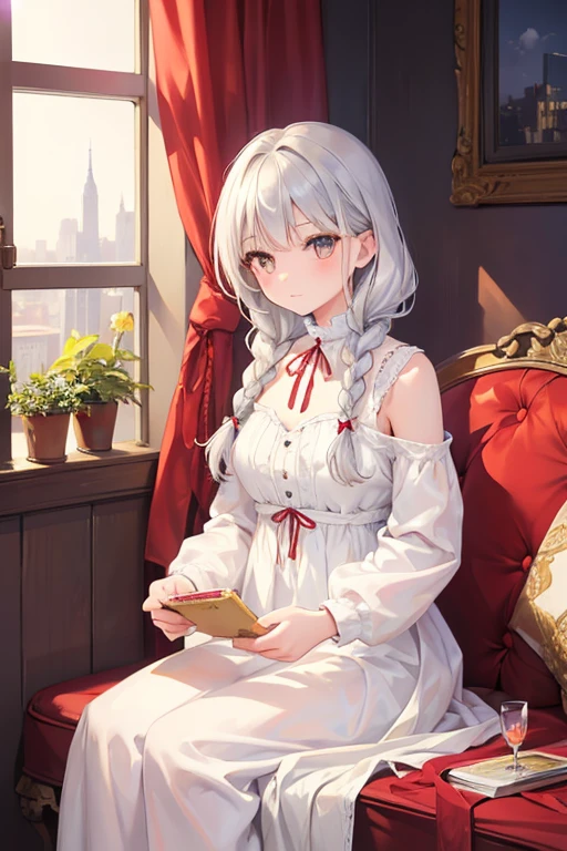 masterpiece, highest quality, High resolution, ****************、Golden Eyes、
Silver Hair,  Braiding、Crimson Dress, Western-style building、Sit by the window