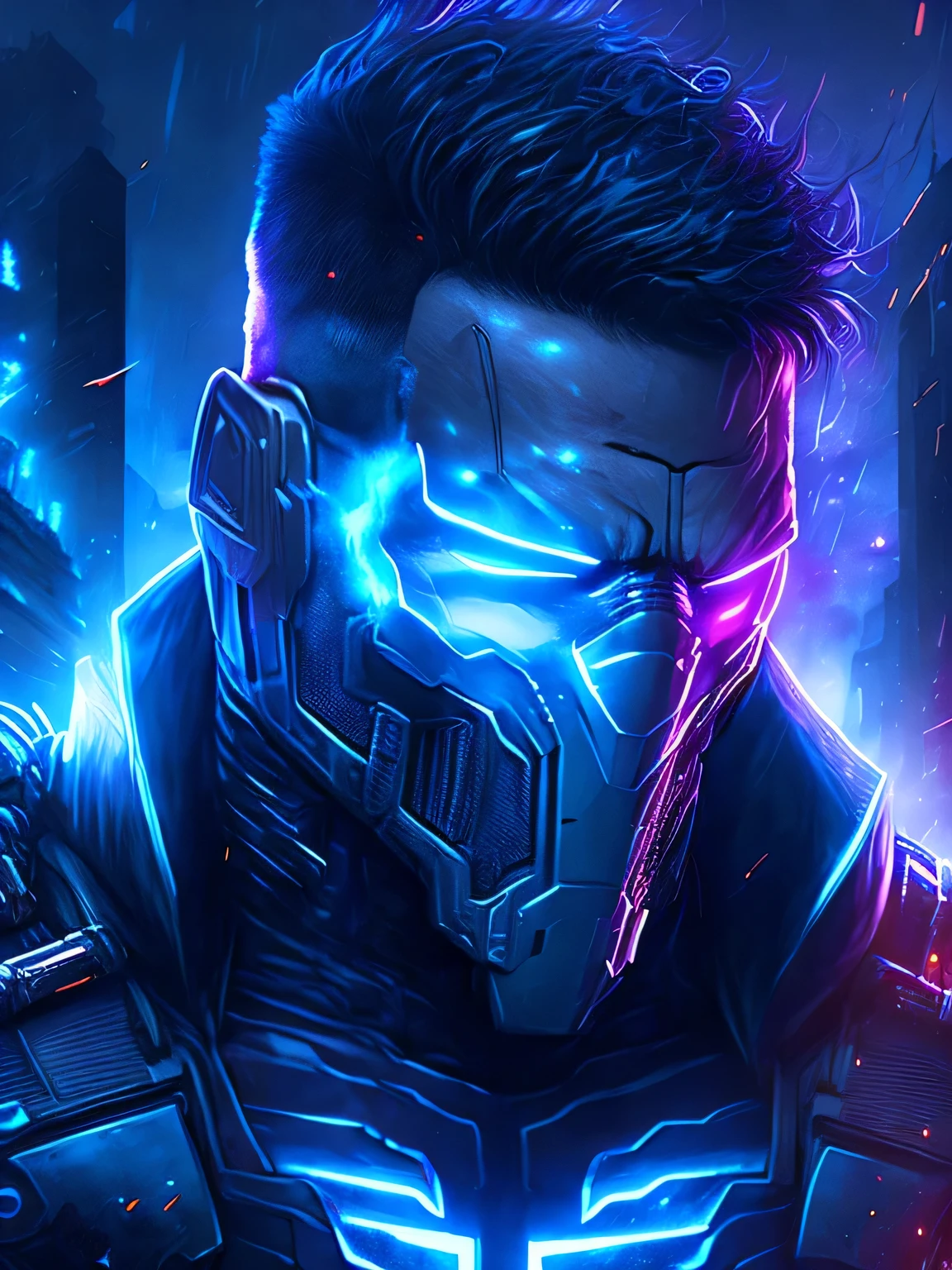 gloomy portrait of Punisher from Marvel, extremely detailed, futuristic cityscape, nighttime, glowing neon lights, smoke, sparks, metal shavings, flying debris, blue energy effects, volumetric light