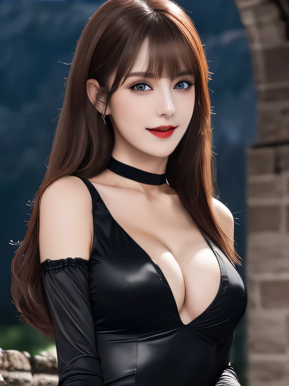 masterpiece, Front view, Bust up shot、Upper Body、Cute Japanese Vampire, (輝くBrown Hair, Straight Long Hair), ((Ivory tight shirt)), Very cute face, Glossy Lips, Double eyelids on both eyes, Natural Makeup, Brown Hair, Asymmetrical bangs, High resolution, Attention to detail, Detailed hairstyle, Detailed face, Octane Rendering, SF, Perfect limbs, ((Black choker)), blue eyes, (Big Breasts), ((Slim body:1.5)), Cool Beauty, ((Slim face)), smile, Mature Woman, Browsing Caution:-1.2, Long, Bushy Eyelashes, Cleavage, ((Dracula's Castle)), vamp fangs:1.2, fangs, By mouth２The book&#39;s fangs are showing, Grin, ((White teeth)）, White Fang、Open your mouth