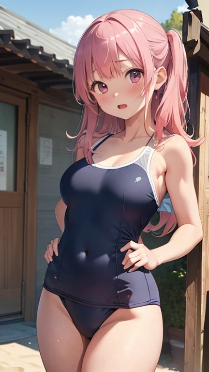 masterpiece、highest quality、Very detailed、Photograph the upper body、1 female、(Put your arms behind your back:1.4)、Are standing、Turn your body forward、View your viewers、(school swimsuit)、break,blush、shy、Pink Hair、Open your mouth、Sandy Beach、Big Breasts、