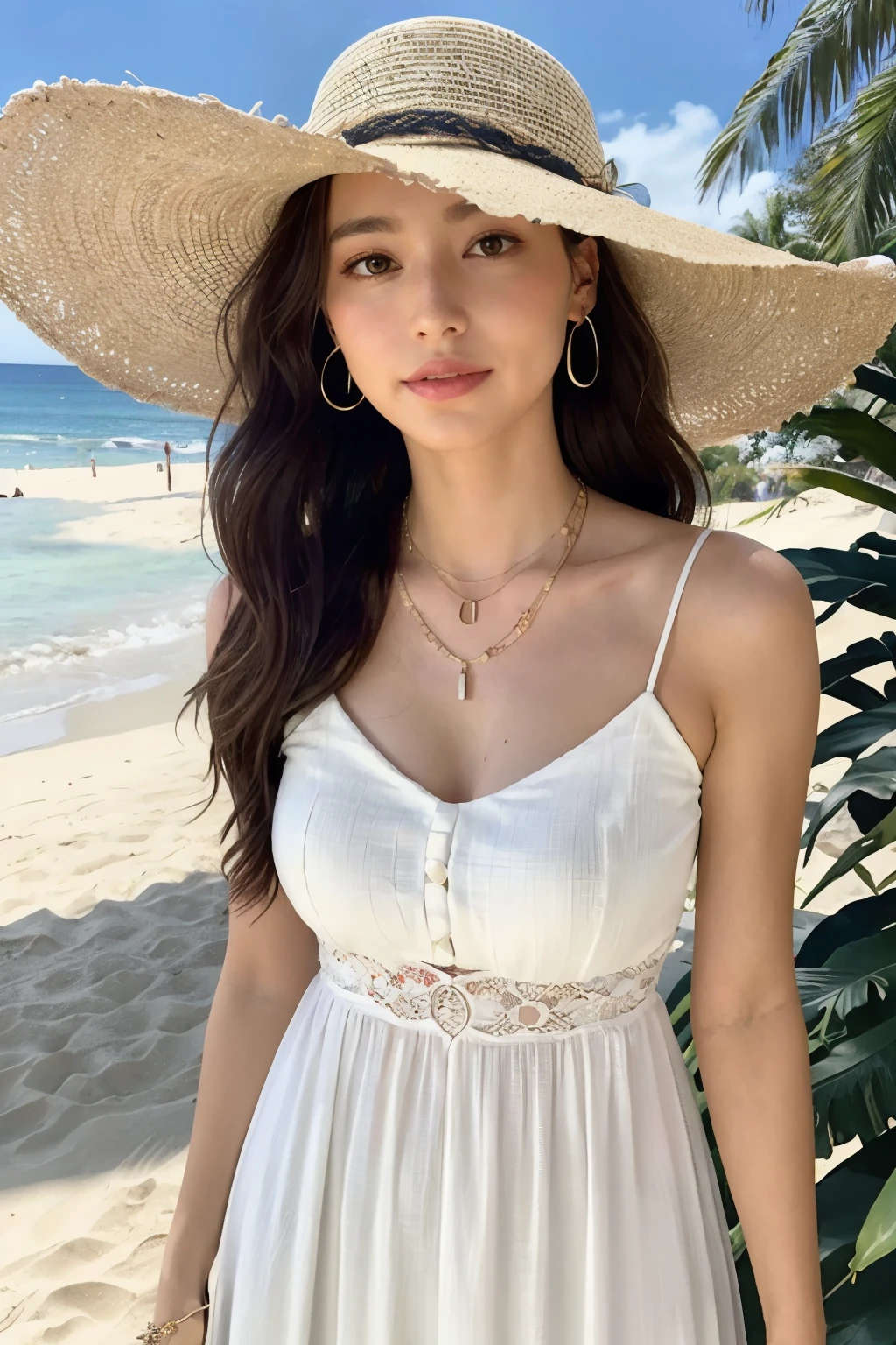 (masterpiece:1.2, best quality), (1lady, solo, upper body:1.2), Clothing: white flowy maxi dress, wide-brimmed hat, strappy sandals, Accessories: shell necklace, Hair: loose beach waves, Makeup: natural, glowing skin, Behavior: relaxed, carefree, free-spirited, Location: beach, resort, outdoor festival, red eyes, huge ,