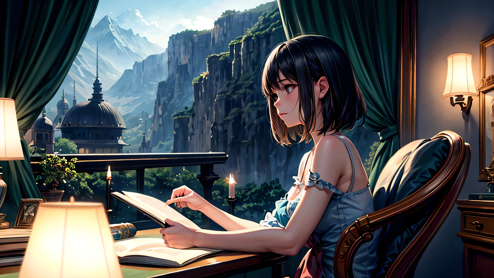alone, Singular light, woman, face seen from the side, sideways, cosmic, fantsy, looking away:1.4, adult, busty, Ghibli-like design, living room, sitting, dark hair, studying, Completely, landscape orientation, side view, music