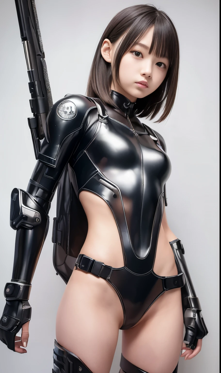 high quality, A photorealistic masterpiece, Dressed in futuristic clothing and carrying a rifle、、Two close friends, Beautiful teenage girl, (Small and skinny girl), pretty girl, cyber punk, Wearing futuristic robotic tactical shear armor cyber punk suit with cutouts showing body, Lean athletic body showing legs, Innocent, Playful, Famous Japanese actresses, so beautiful, Very young face、Very short、((A clean hip joint))、((A pretty face in a metal bikini)),skirt, naked、((NSFW))