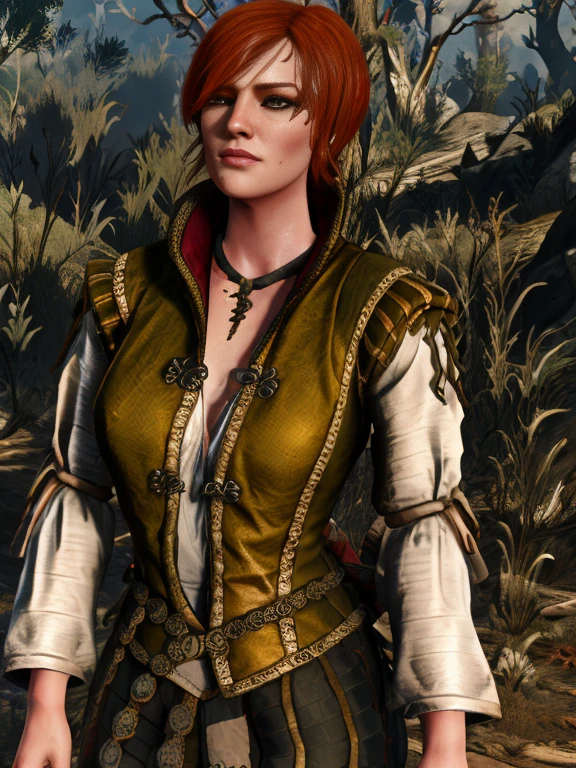 [ Shani],[Short Red Hair],Shani from The WItcher,[sexy],[ forest],4k,sharp image,detailed