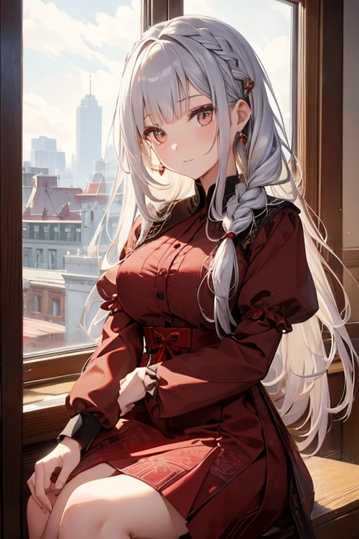 masterpiece, highest quality, High resolution, -yeld giGolden Eyes、
Silver Hair,  Braiding、Crimson Dress, Western-style building、Sit by the window