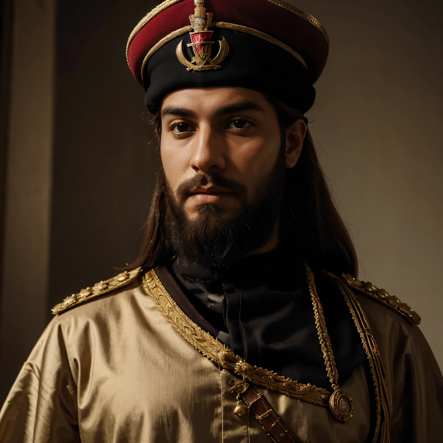 handsome young arab emperor with long beard in european imperial attire, with a crown that looks like a pirate hat and a brooch with a communist symbol