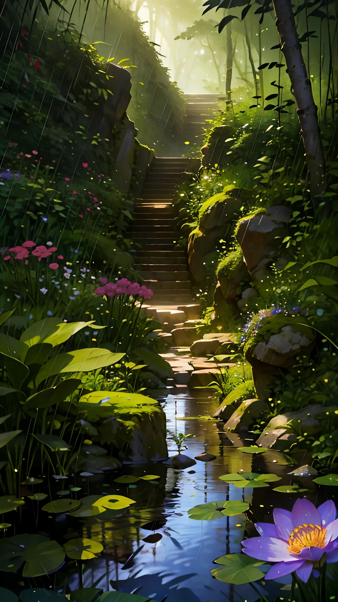 In a serene fantasy world, a crystal-clear pond reflects the soft, diffuse light of an overcast sky on a rainy day. The gentle drizzle creates ripples across the water's surface, disturbing the perfect reflection of a mystical, ancient willow tree that stands guard by the pond's edge. Surrounding the pond, vibrant green moss and delicate ferns thrive in the moist environment, and a variety of colorful, rain-soaked flowers add bright specks of color to the otherwise muted landscape. In the background, a faint rainbow begins to form, hinting at the magical nature of this secluded haven.