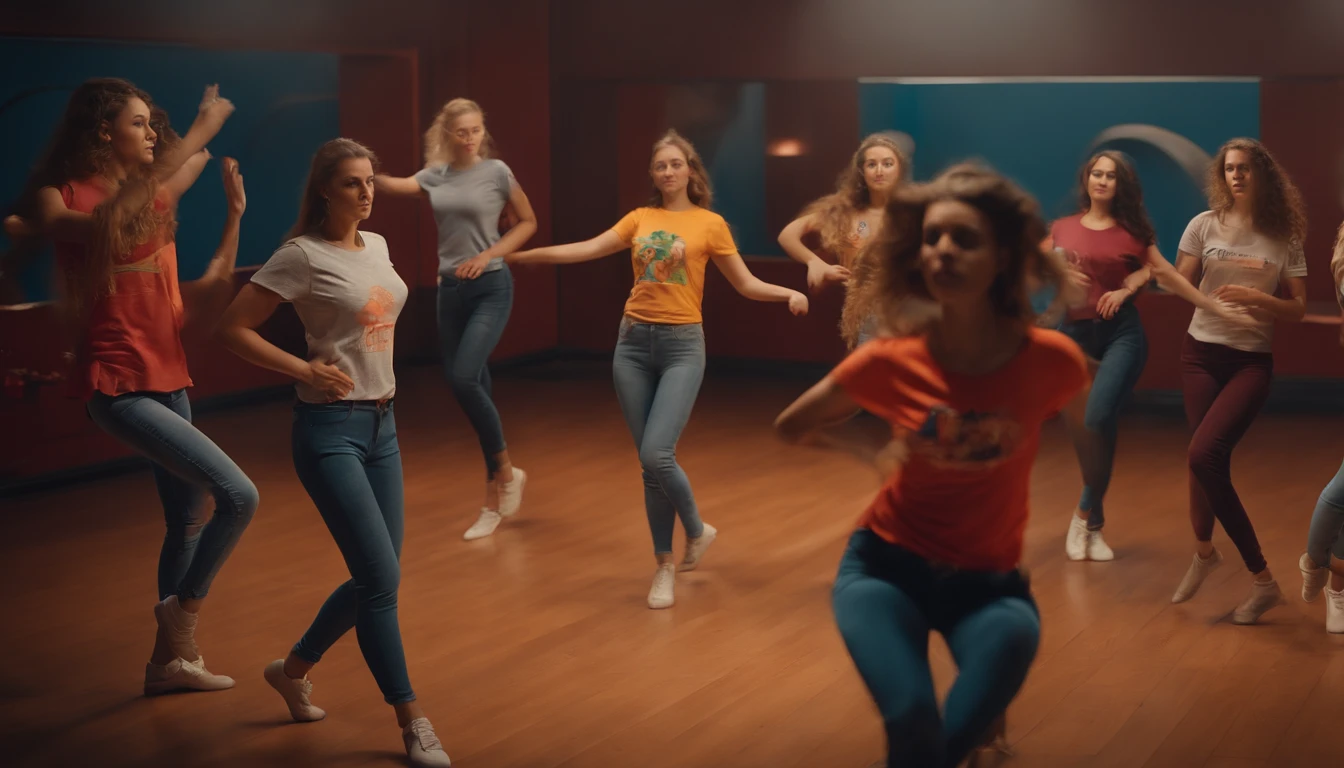 7girls, very far away from viewer, dance in various poses, looking at viewer, wearing t-shirt and jeans