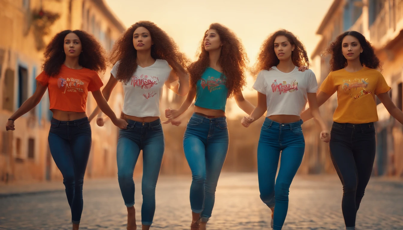7girls, very far away from viewer, dance in various poses, looking at viewer, wearing t-shirt and jeans