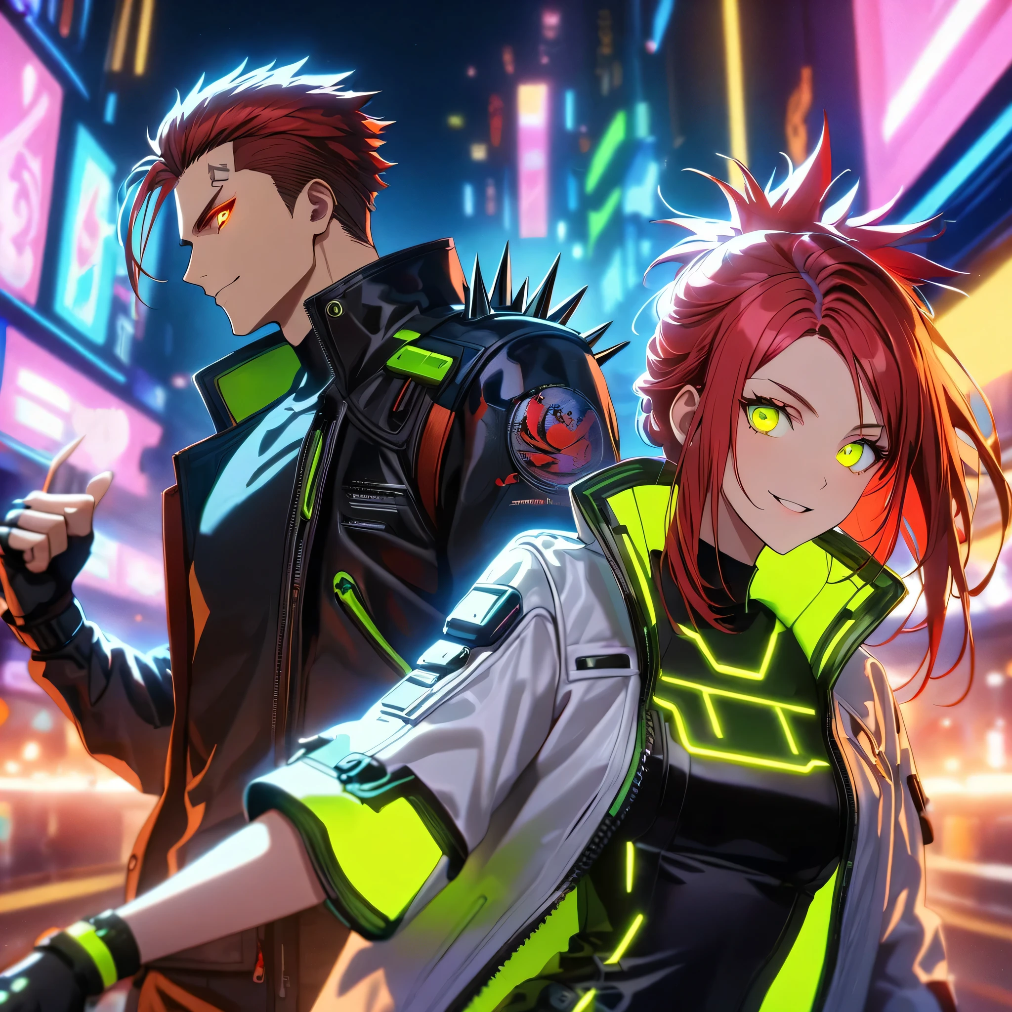 two persons, A man and a girl , man with short red hair spiky upwards with some long strands falling on the forehead and yellow neon eyes holding a perfect neon katana wearing a leather white jacket and black t shirt, stand and confident pose, confidente smile, cyberpunk, night, fingerless gloves , red hair, neon eyes, ultra detailed face, and his horgeous sister with perfect white long hair and green neon eyes,