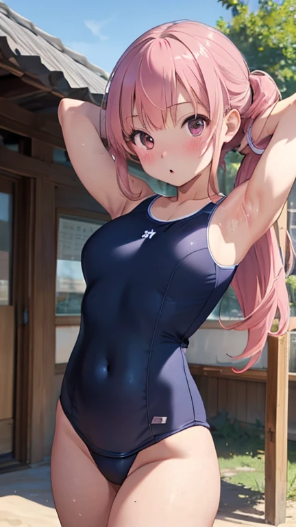 masterpiece、highest quality、Very detailed、Photograph the upper body、1 female、(Arms behind your back:1.4)、Are standing、Turn your body forward、View your viewers、(school swimsuit)、break,blush、shy、Pink Hair、Open your mouth、Sandy Beach、Big Breasts、