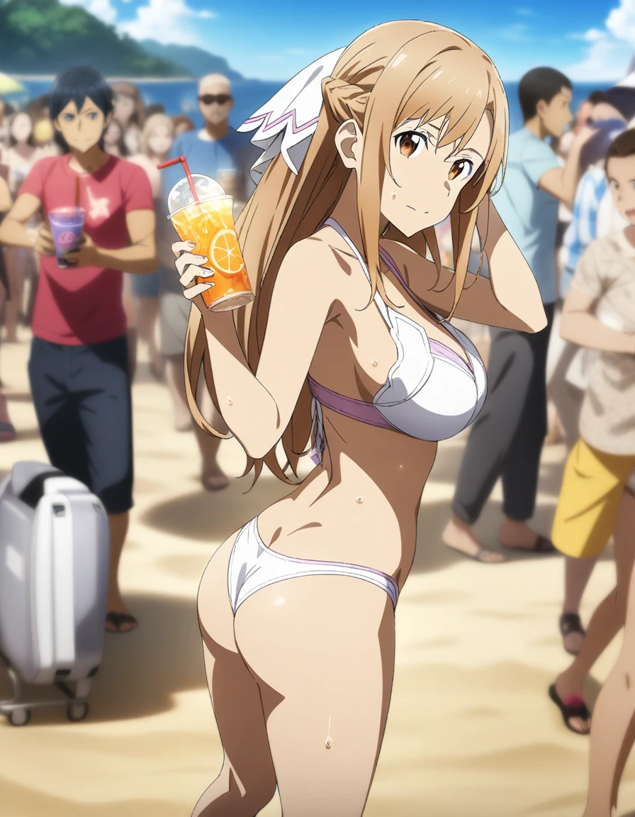 1girl, asuna \(stacia\), sword art online, bikini, large breast, thong, beach, ready drink in one hand, sweat, crowd, closed mouth, sexy pose, Summer Sunshine, key visual, highly detailed, looking at viewer, full body, back view, masterpiece, best quality, very aesthetic, absurdres