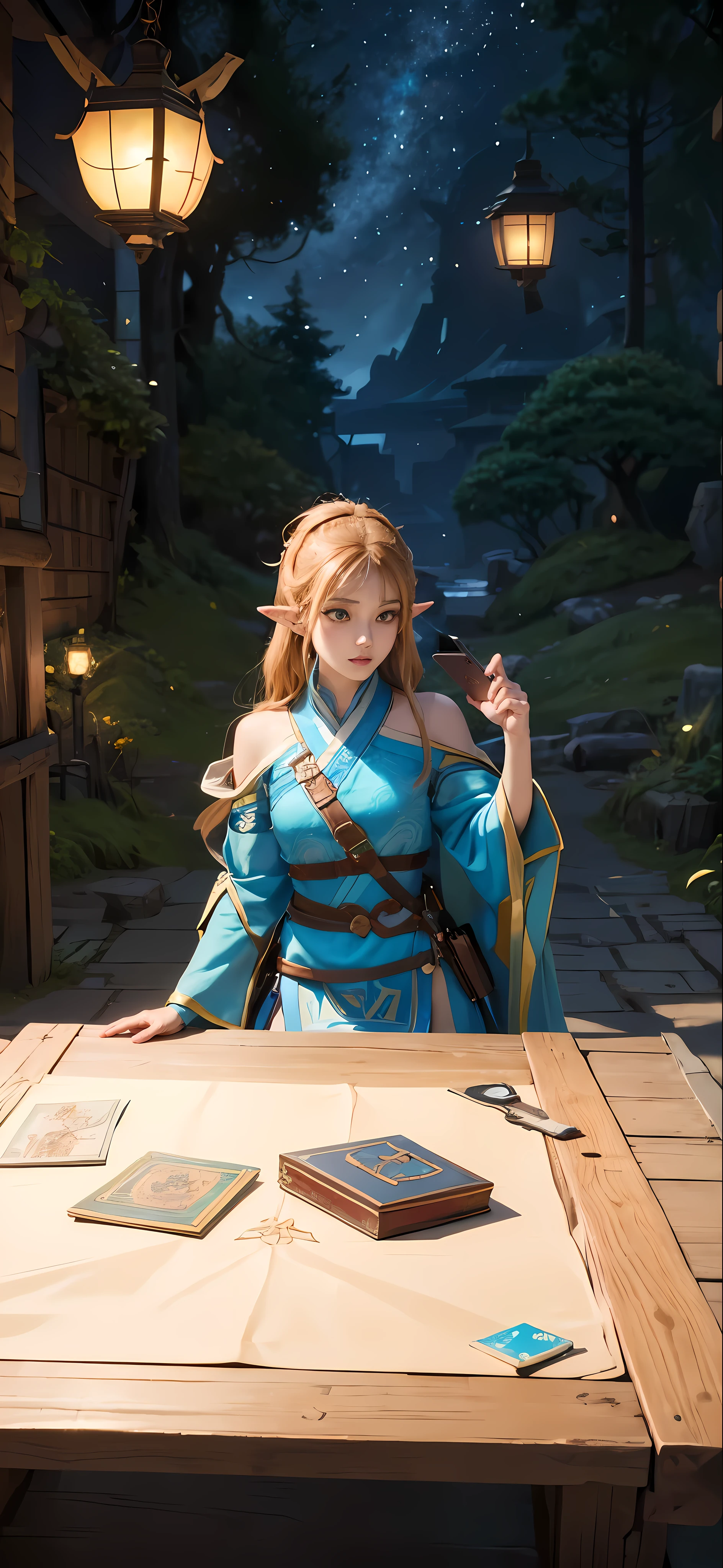 there is a picture of a person on a cell phone, zelda botw, sienna, by Kamisaka Sekka, ayaka game genshin impact, official art, botw style, 8 k character details, character profile art, desna, official character art, senna from league of legends, ayaka genshin impact, official artwork, sona is a slender