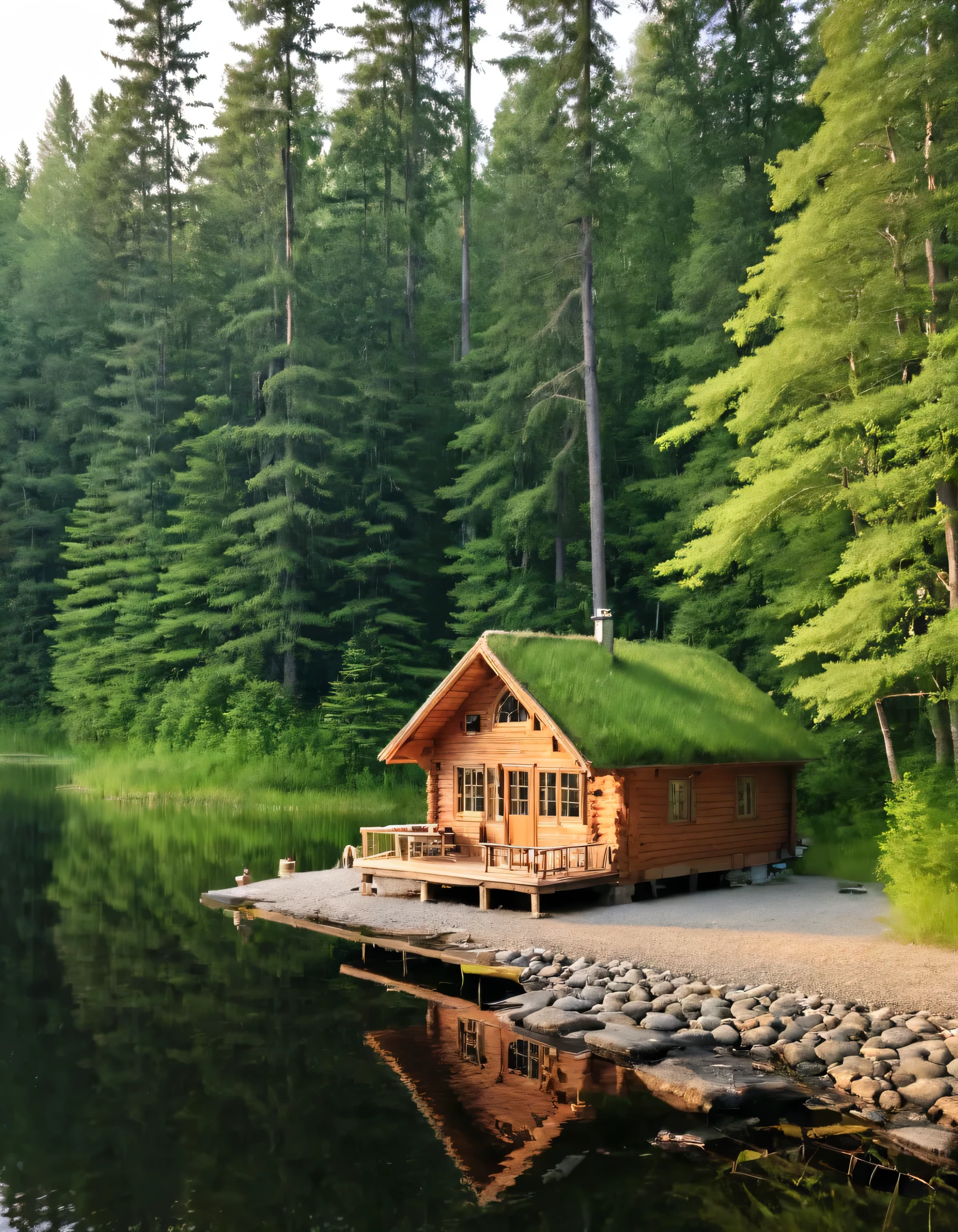 there is a small cabin with a grass roof on the shore of a lake, cabin in the woods, build in a forest near of a lake, solitary cottage in the woods, cottage in the woods, cottage in the forest, cozy place, setting in nature, lake house, peaceful and serene, cabin, cottagecore!!, wood cabin in distance