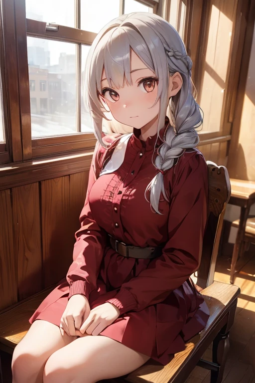 masterpiece, highest quality, High resolution, ****************、Golden Eyes、
Silver Hair,  Braiding、Crimson Dress, Western-style building、Sit by the window