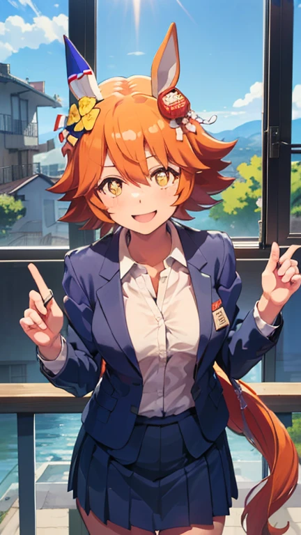 (masterpiece:1.2, top-quality), beautiful illustration, (natural side lighting, movie lighting), nsfw, looking at viewer, cowboy shot, front view:0.6, matikanefukukitaru \(umamusume\), 1 girl, japanese, teacher, perfect face, (large breasts:0.8), beautiful hair, beautiful face, beautiful detailed eyes, beautiful clavicle, beautiful body, beautiful chest, beautiful thigh, beautiful legs, beautiful fingers, ((detailed cloth texture, (saxe blue business suit jacket), lavender collared shirts, saxe blue tight skirt, high heels), (beautiful scenery), evening, class room, school, standing, (graceful, smile, upper eyes),
