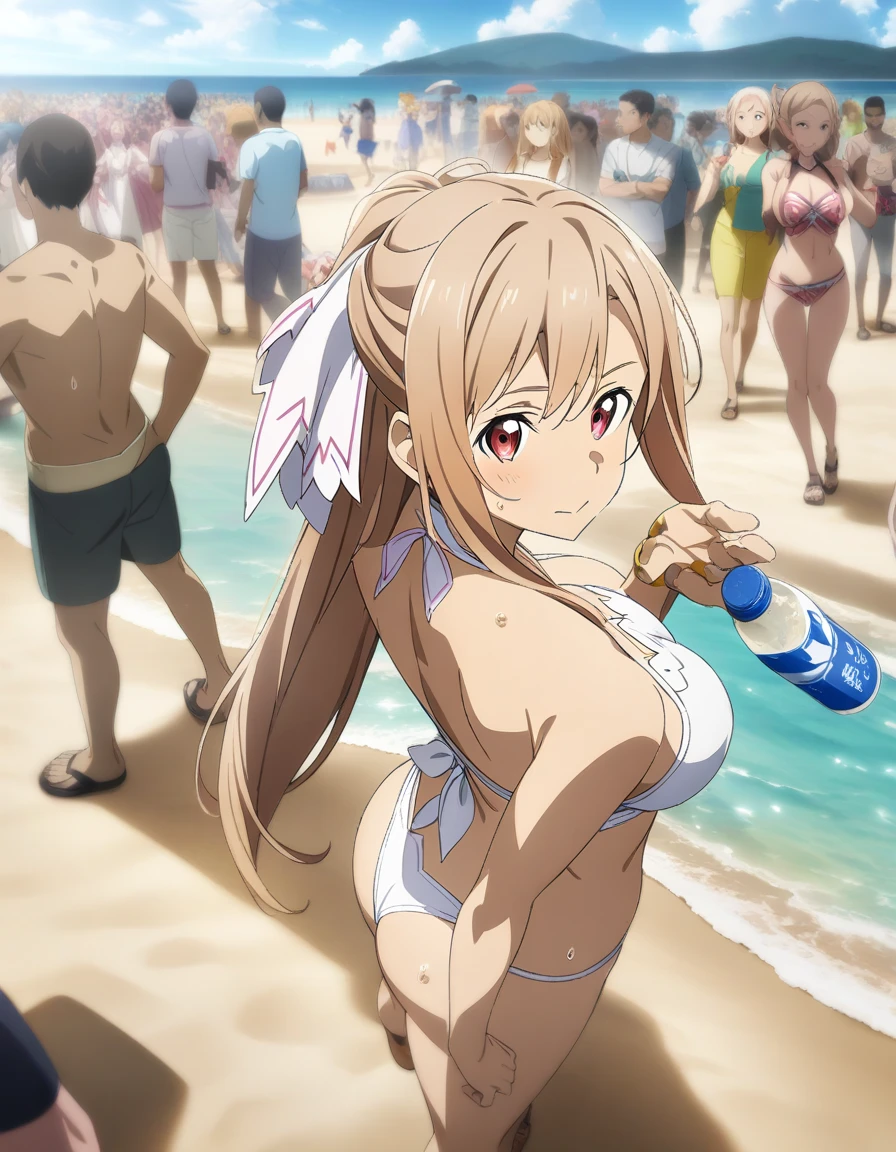 1girl, asuna \(stacia\), sword art online, bikini, large breast, thong, beach, ready drink in one hand, sweat, crowd, closed mouth, sexy pose, Summer Sunshine, key visual, highly detailed, looking at viewer, full body, back view, masterpiece, best quality, very aesthetic, absurdres