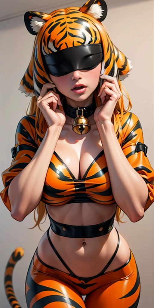 1 solo female blindfolded, animal tiger ears, animal tiger hands, animal tiger print, bell