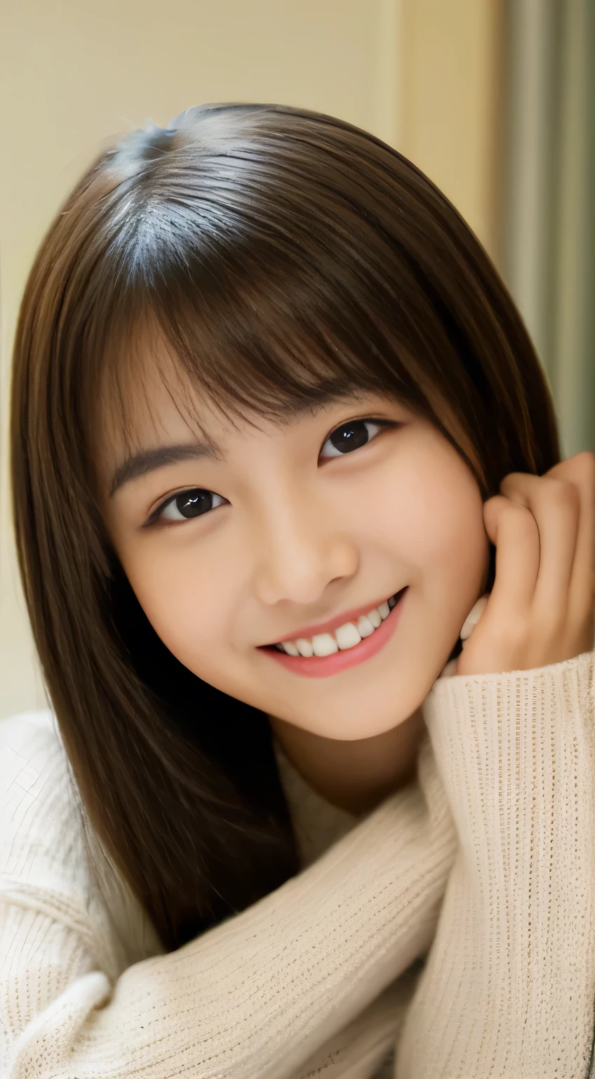 masterpiece,best quality,(Japanese ),((Beautiful girl)),indoor,(perfect body beauty:1.2),(shy smile),beautiful teeth,