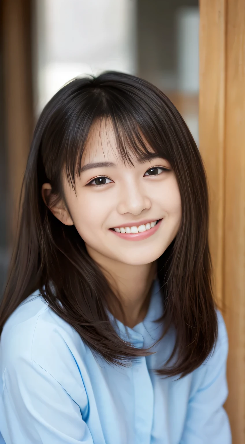 masterpiece,best quality,(Japanese ),((Beautiful girl)),indoor,(perfect body beauty:1.2),(shy smile),beautiful teeth,