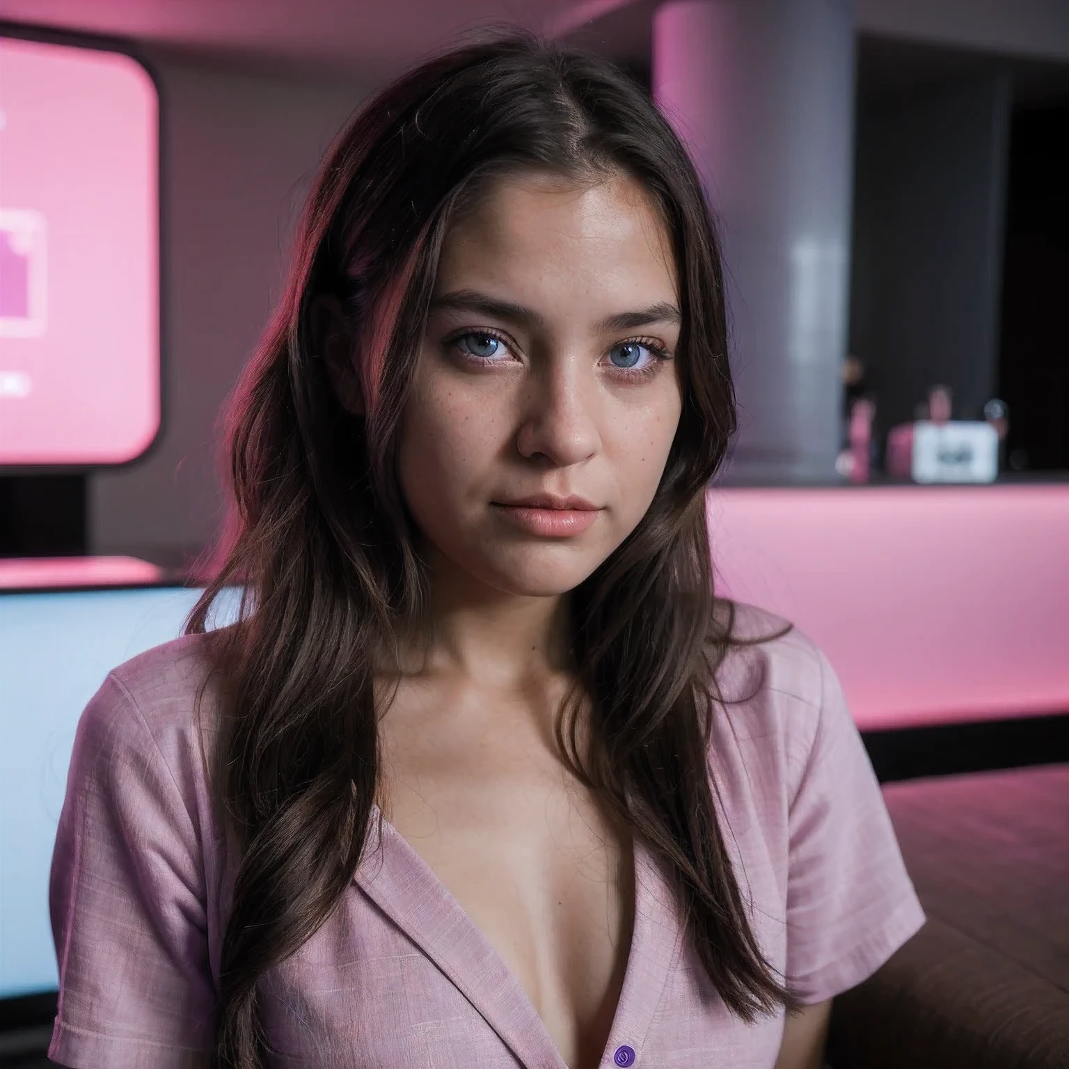photo of a schoolgirl，, in Purple Pink, futuristic cotton and linen, (freckles:0.8) cute face, sci-fi, dystopian, detailed eyes, cobalt blue eyes（（Side view））Disco bar