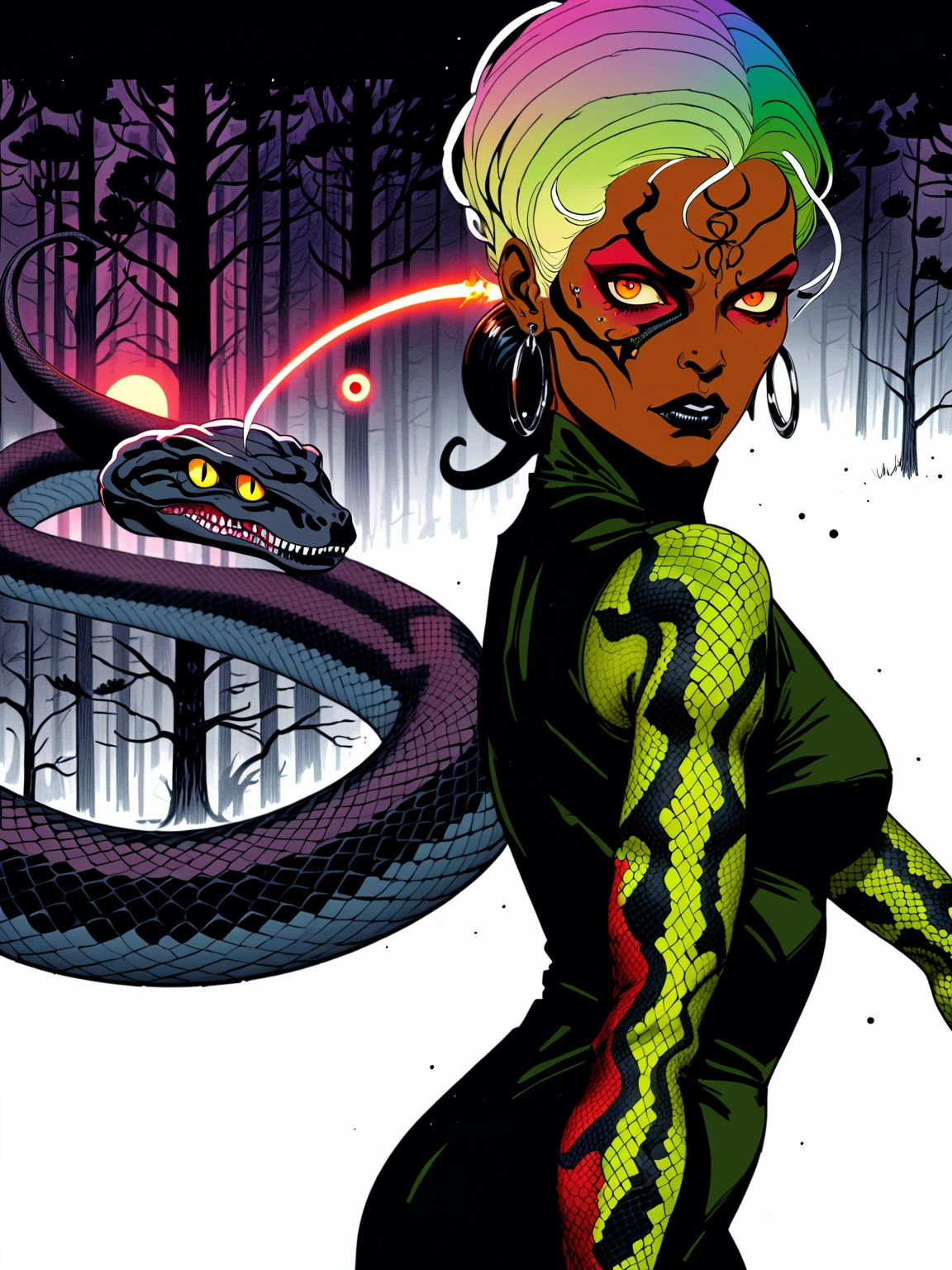 Medusa, colors, bleak muted deep fiery radiant glowing ROYGBIV,  splash page decompressed comic cover art, ink style figure, ((expressive Joelle Jones and "Sean Gordon Murphy" comic drawing)), wordless, cinematic poster, double exposure, optical illusion, image within image, abyss void black no visibility darkness, full length portrait, (background, pine barrens, entropy, rewilding, magic hour sunset, galaxy stars, cosmos), (horror, abstract, surreal, body, cosmic), candid, snake skin dress, morphology anatomy drawn Frederic Delavier musculature anatomical illustration, (face, ornate black-metal corpsepaint face paint, resembles Grace Jones), (body, Naga, snakefolk, lower body snake tail, snake woman hybrid, bald, hairless, skeleton, snake skin tattoos, piercing eyes, snake pupils, over the shoulder), (colors, bleak muted deep fiery radiant glowing ROYGBIV, forest green, earth brown), craftsmanship nuance, (Gerardo Zaffino charcoal), subliminal orchids, nyctophobia, silhouette

