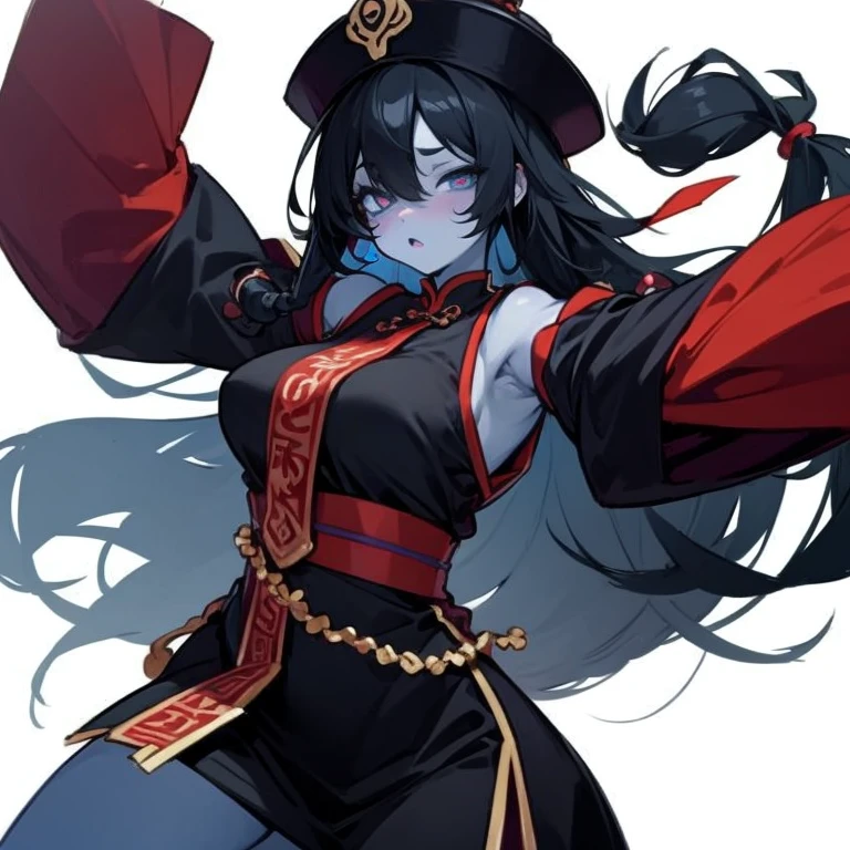 Masterpiece, best quality, expressive eyes, perfect face, 1girl, blue skin, solo, breasts, jiangshi, long hair, black hair, qing guanmao, hat, large breasts, colored skin, wide sleeves, ofuda, simple background, white background, looking at viewer, outstretched arms, hair over one eye, blush, very long hair, detached sleeves, chinese clothes, braid, zombie