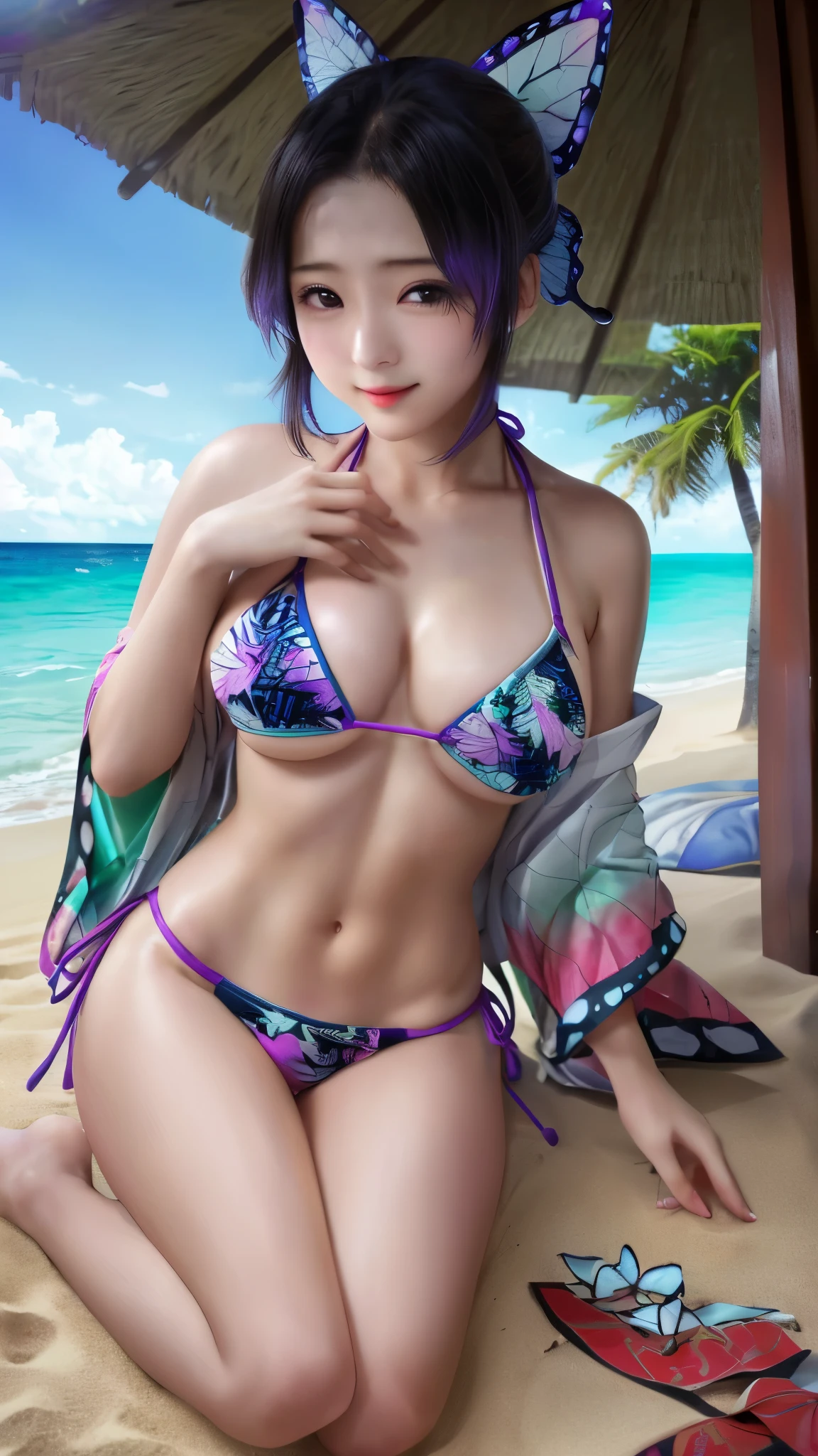 ​masterpiece、top-quality、hightquality、Top image quality、8K、Top resolution、hight resolution、Raw photo、photos realistic、realistic atmosphere、(Detailed face)、(Detailed hand、Thumbs１References４)、Japanese beauty 、Very nice face、Beautiful face、18 year old beautiful girl、fullllbody、small breasts with rounded upturn、Athlete Body、shinny skin、Fair skin、Realistic human skin、Perfect body， face perfect， perfect hand， Perfect Finger， Perfect lips， perfect  eyes，perfect teeth、Perfect background， perfect vibe， Professional quality， Perfect Photo，Perfect Volume Lighting， hight quality octane render， high quality vectors， ultra - detailed，Clear skin，Perfect Skin， (​masterpiece、Premium Quality:1.2)、looking in camera、copious sweat on the body、red blush、breasts indentation、shiny(full of sweat:1.3), (realisitic、Photorealsitic:1.37)、natural soft light、photon maping、二重まぶた、 (The shape of the nipples is clearly visible)、(pubic shape clearly visible)、((Demon Slayer(A girl who looks like Shinobu Kocho))、Resort Beach、beautiful ocean、Beautiful sandy beach、On the edge of the beach、(((Sit and spread your legs)))、((purple transparent vinyl(NSFW slingshot swimsuit、NSFW V-shaped swimsuit、NSFW monokini swimsuit、NSFW Brazilian Bikini、NSFW tube top bikini))