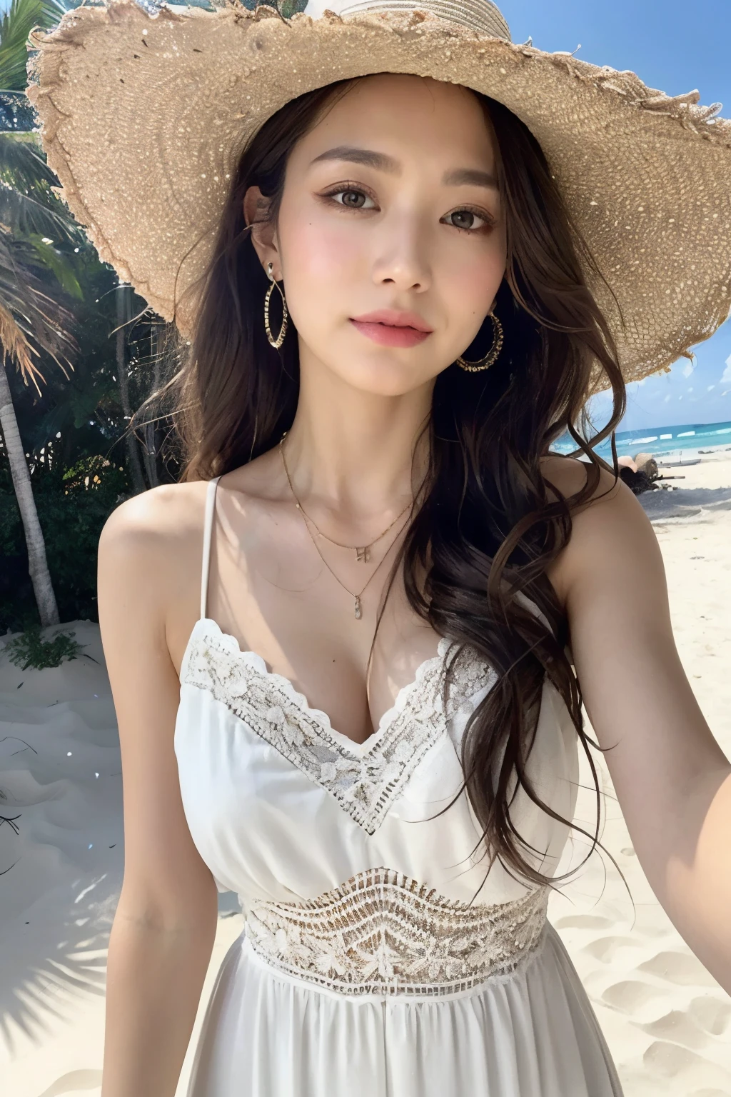 (masterpiece:1.2, best quality), (1 cute lady, solo, upper body:1.2), Clothing: white flowy maxi dress, wide-brimmed hat, strappy sandals, Accessories: shell necklace, Hair: loose beach waves, Makeup: natural, glowing skin, Behavior: relaxed, carefree, free-spirited, Location: beach, resort, outdoor festival, red eyes, huge ,