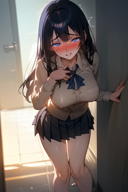 aroused 1girl in school-uniform, dark straight hair, glowing blue eyes, lipstick, happy parted lips, blushing, embarrassed, on floor, face pressing cheek to wall, too drunk, soft breast, (she is in disbelieve that she just experienced orgasm), trembling, visible heavy breathing, indoors, public bathroom, (soft buttox, dark-labia, pleated skirt), (soft-light, HDR, bokeh, lens-flare)