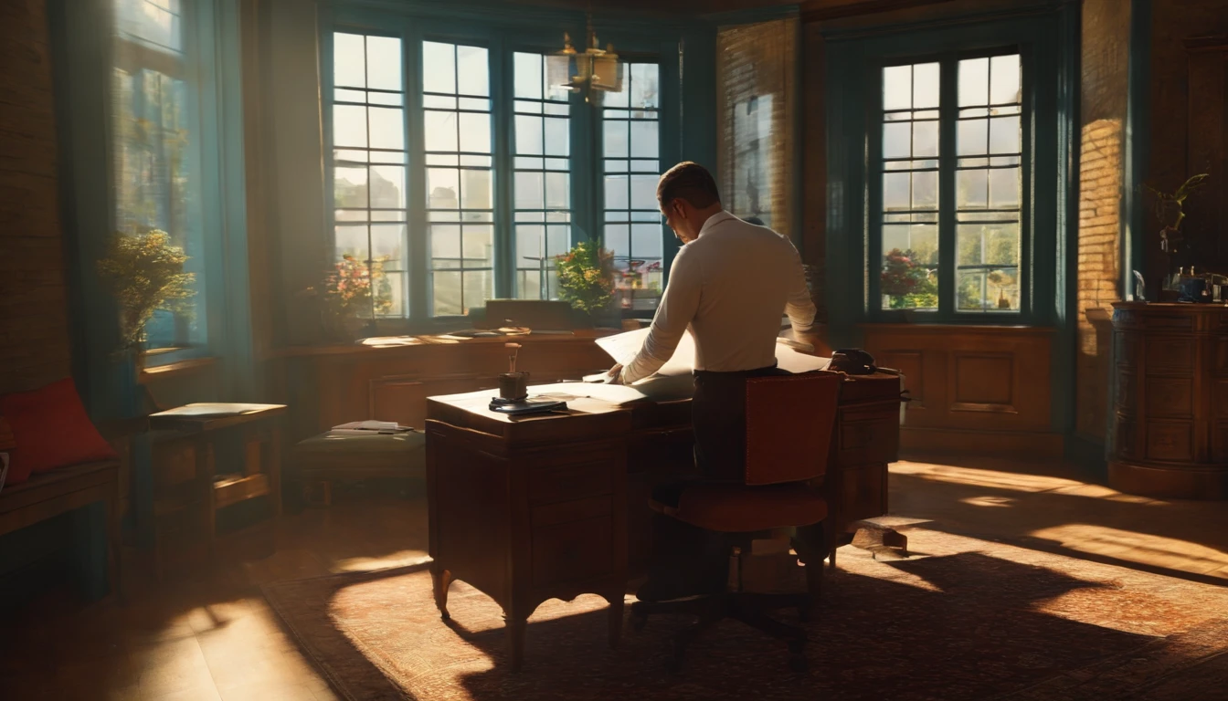 1man, back shot, write something on the desk
