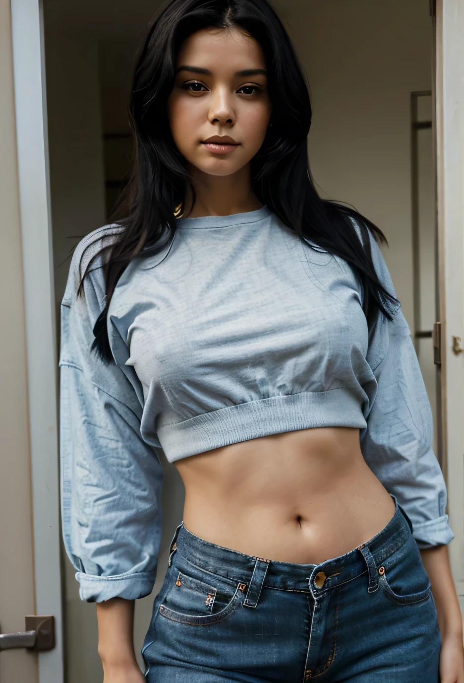 woman, black hair, dressed in clothes from the 80's, wide hips, looking at the camera