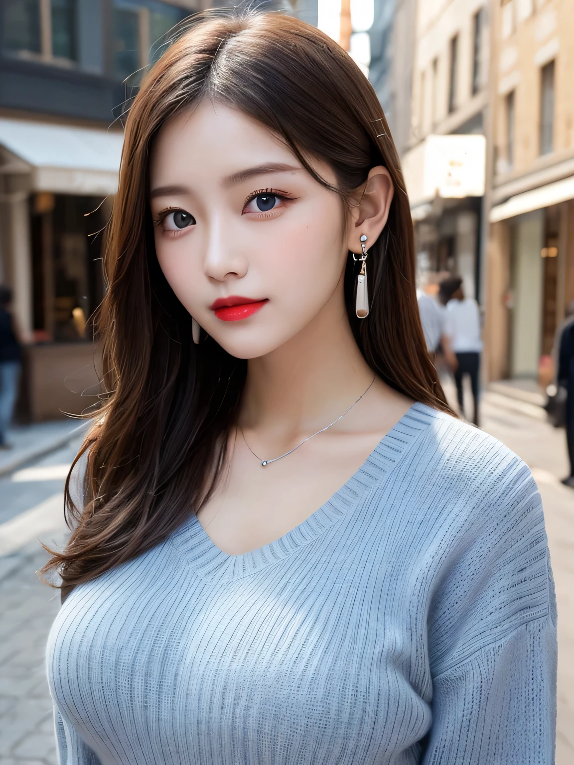 Urban beautiful girl college student, masterpiece, light makeup, Red lips, Silver Hair, Disheveled long hair, Street background, beautiful, elegant. Extremely fine detail, Master Works, Authentic texture, Realism in film lighting, Perfect job, 16k, High resolution, exquisite features,blue eyes、Japanese Idols、Beautiful face、Cute Smile、Brown Hair、beautiful hair、ponytail、glamorous、 Big Breasts、Erect nipples、Greasy muscles、Shiny skin、Sunburned skin、Glowing dark skin、Sexy knitted sweaters, Bright big eyes, Smooth skin, Earrings, necklace, tattoo