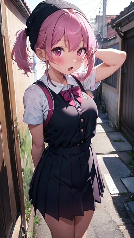 masterpiece、highest quality、Very detailed、Photograph the upper body、1 female、(Arms behind your back:1.4)、Are standing、Turn your body forward、View your viewers、(winter school uniform)、break,blush、shy、Pink Hair、Open your mouth、School corridor、Big Breasts、
