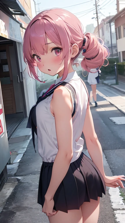 masterpiece、highest quality、Very detailed、Photograph the upper body、1 female、(Arms behind your back:1.4)、Are standing、Turn your body forward、View your viewers、(winter school uniform)、break,blush、shy、Pink Hair、Open your mouth、School corridor、Big Breasts、
