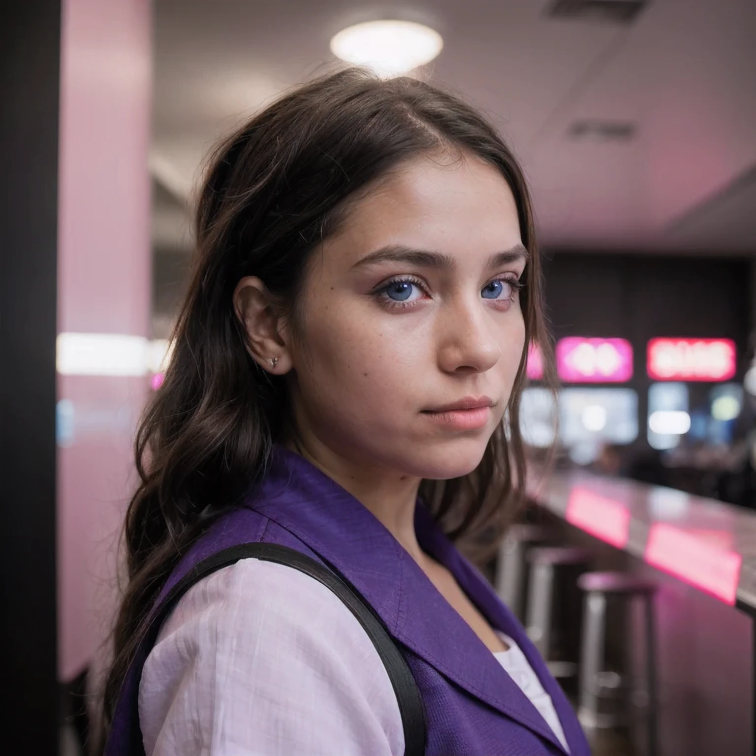 photo of a girl,9 years urple Pink, futuristic cotton and linen, (freckles:0.8) cute face, sci-fi, dystopian, detailed eyes, cobalt blue eyes((Side view))Disco bar