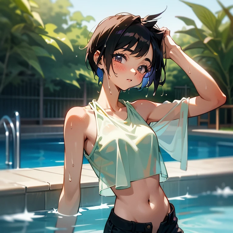 Cool girl、Boyish Girl、Sporty、tits、Wet and transparent、Wet, see-through clothes、Her halter neck camisole is wet and her underwear is visible、Navel Reveal Style、I have a towel、Wet、oil、slimy、Very short hair、Pixie Cut、black hair color、Shorts、
、high school girl、Gal、brown skin、garden、Pool、tall、Slender beauty、Curved waist、Beautiful clavicle、Very slim body、