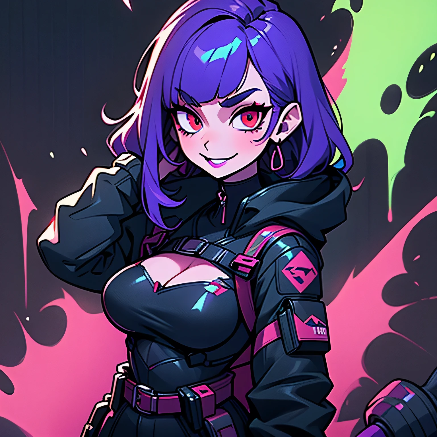 ((solo)). female character around 30 years old. mature body with large breasts and cleavage. wearing black clothing, a cyberpunk style outfit with a strappy harness. she has a cheeky smile. red eyes. long purple hair with straight bangs. She wears eyeliner and black lipstick on her lips. she looks a model on a clothing ad. a combined neon and greyscale color style. the background has abstract spray paint