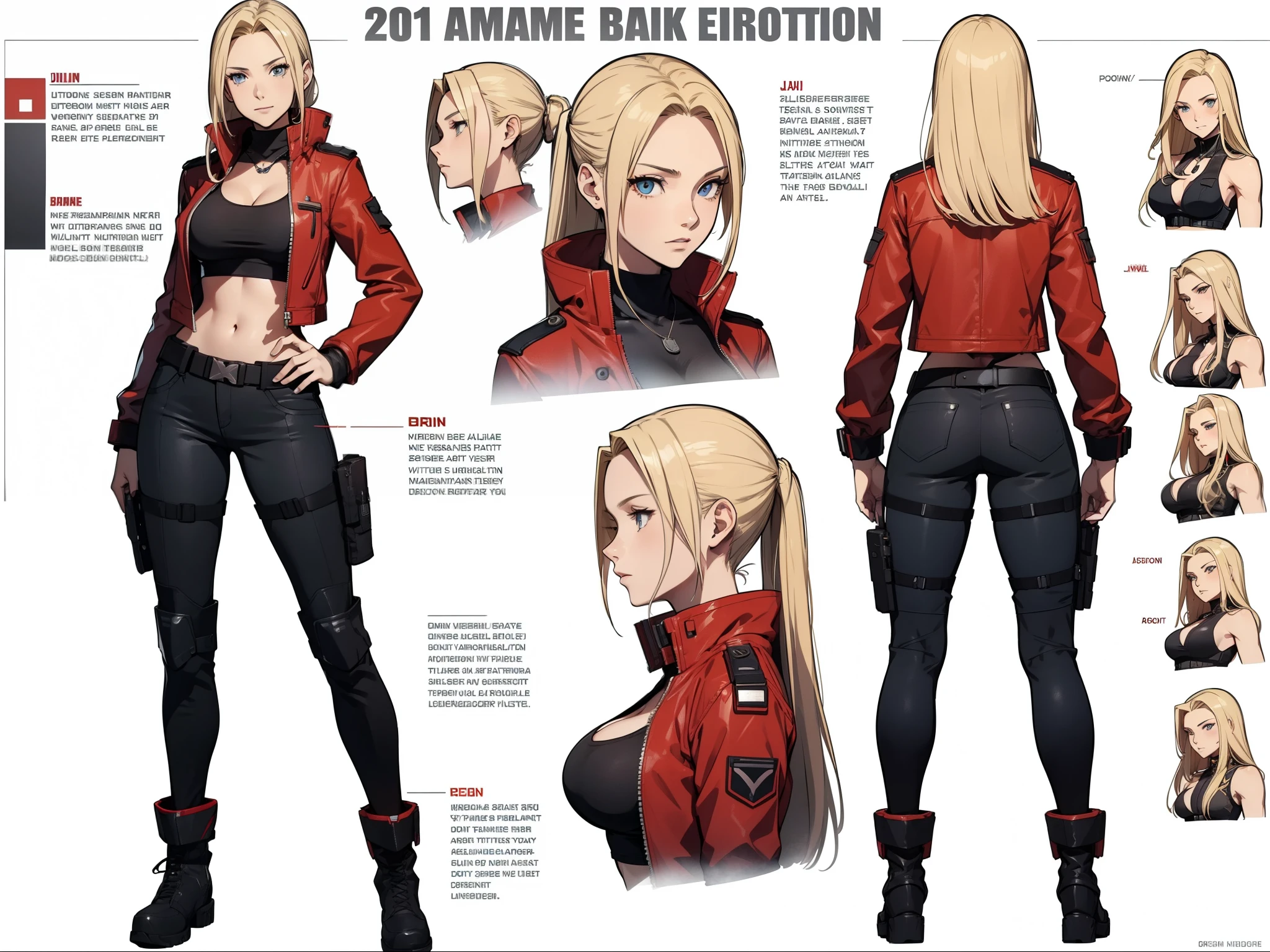 A woman, 20 years old, long blonde hair, tall boots, futuristic red jacket, tank top, cleavage, military pants, tech equipment, Jill valentine, dog tag, various angles, (front, back, side), character sheet, model sheet, reference sheet.