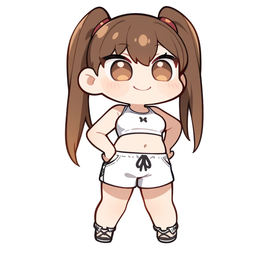 masterpiece, best quality, 1girl, (chibi:1.1), crop top, shorts, brown hair, twintails, brown eyes, smile, rating_safe