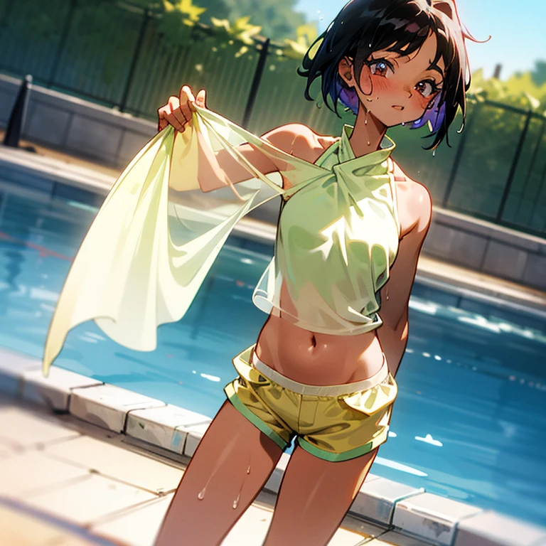 Cool girl、Boyish Girl、Sporty、tits、Wet and transparent、Wet, see-through clothes、Her halter neck camisole is wet and her underwear is visible、Navel Reveal Style、I have a towel、Wet、oil、slimy、Very short hair、Pixie Cut、black hair color、Shorts、
、high school girl、Gal、brown skin、garden、Pool、tall、Slender beauty、Curved waist、well tanned、Healthful、Beautiful clavicle、Very slim body、